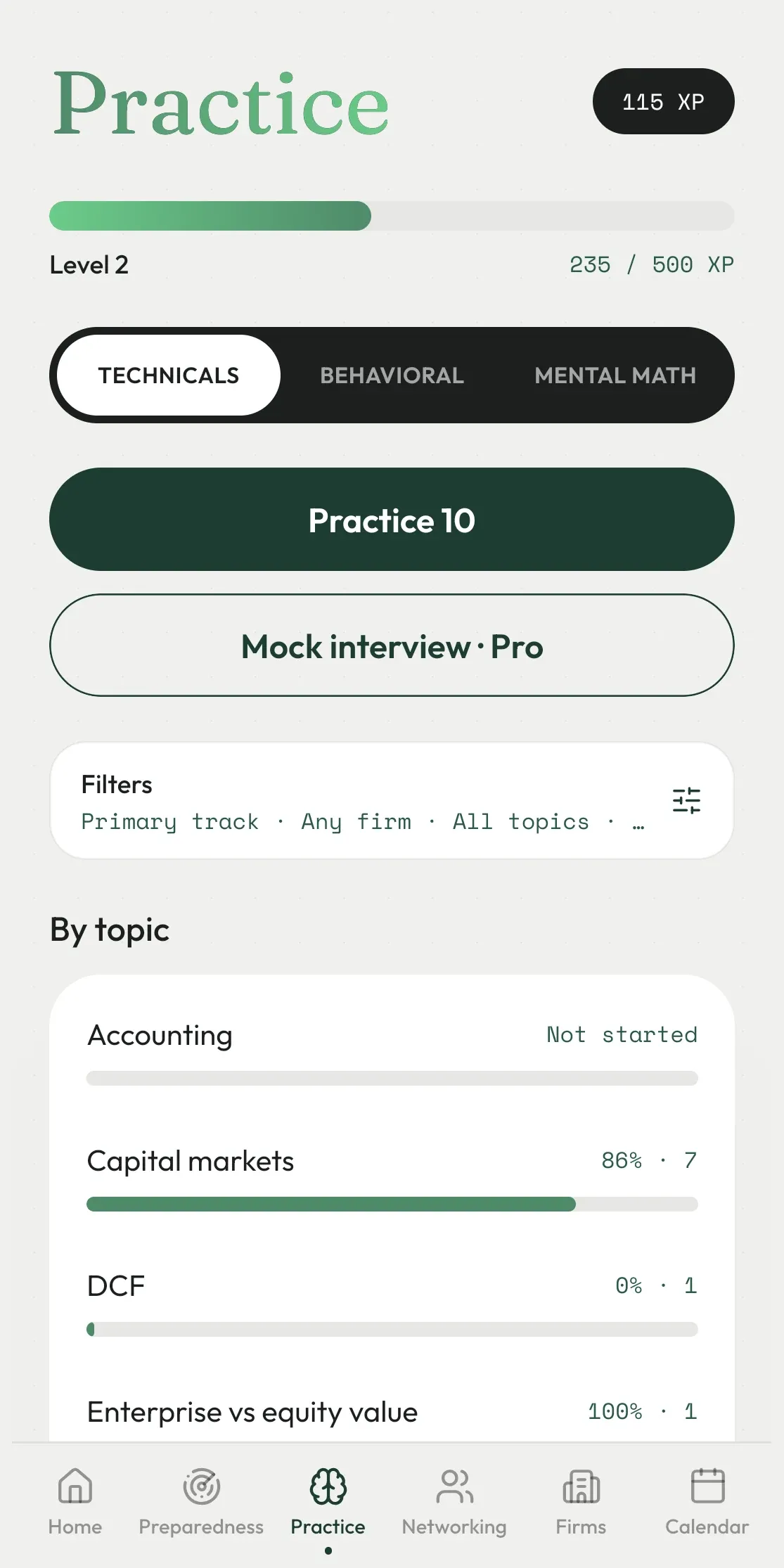 Practice in the app: level 2, a Practice 10 button, mock interviews marked Pro, and progress by topic such as Capital markets at 86 percent.