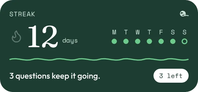 The Streak widget with sample data: a 12-day streak and 3 questions left today.
